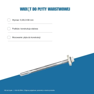 Wkręt do płyty warstwowej Info-GLOBAL AR12 W CSG 5,5/6,3×90 mm, kolory RAL, 100 szt.